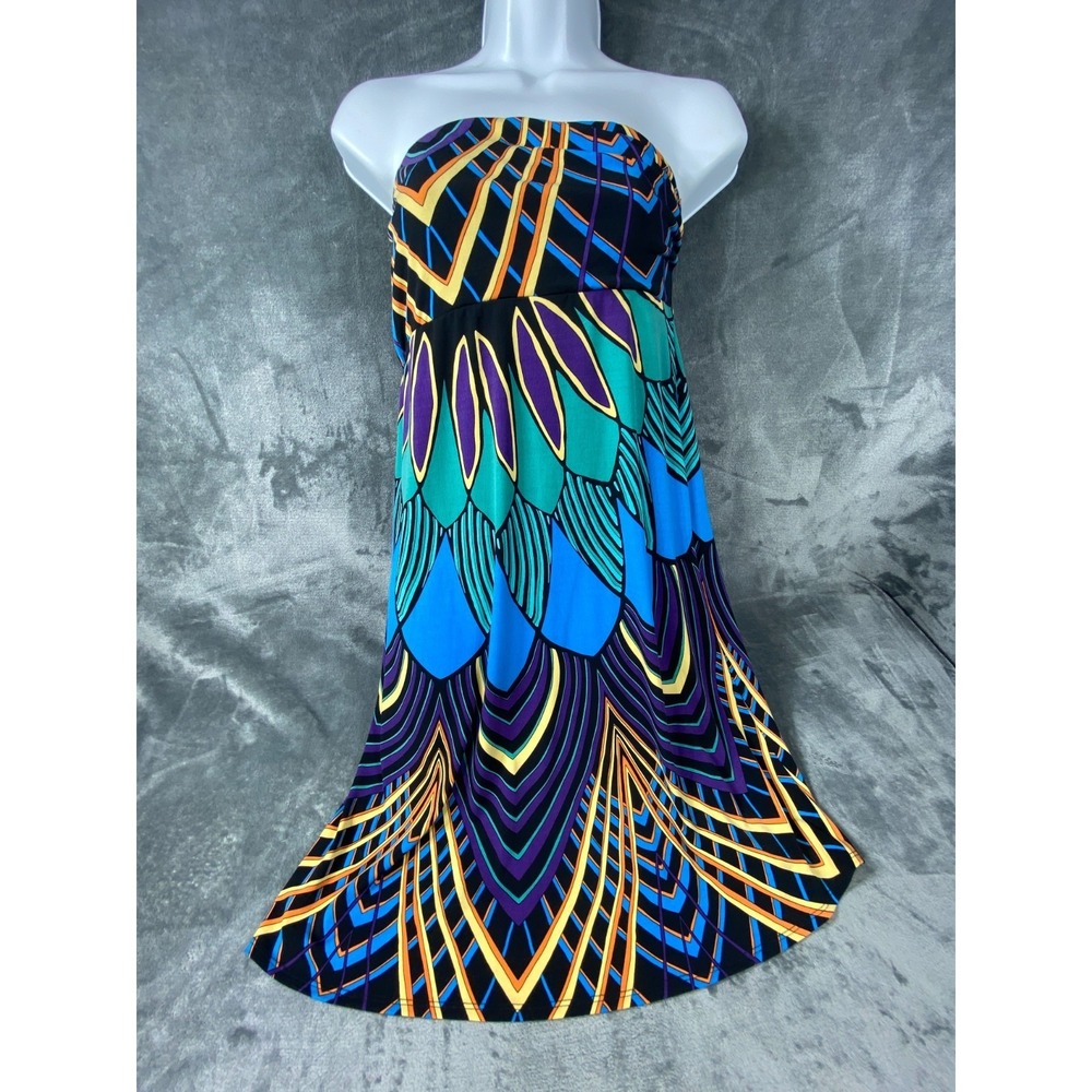 Nicole Miller Dress Womens Large Strapless Multicolor Geometric Summer Stretch